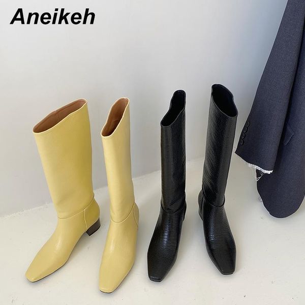 

aneikeh new spring/autumn fashion classics leisure sewing pleated alligator pattern patchwork motorcycle boots square toe shoes, Black