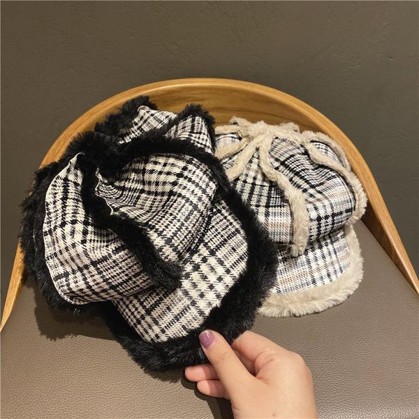 

Female British Casual Joker Plus Velvet Octagonal Hat Autumn And Winter Warm Plaid Thickened Navy Hat Japanese Cap, Blue;gray