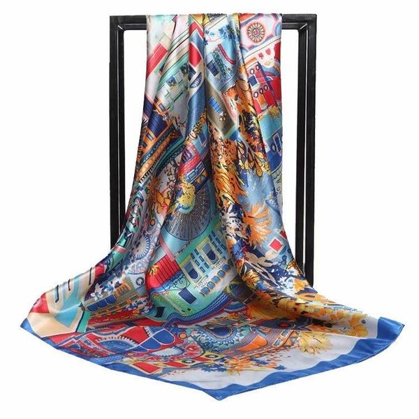 

silk scarf women large shawls flowers print stoles square scarves bandana big kerchief female foulards fd01, Blue;gray