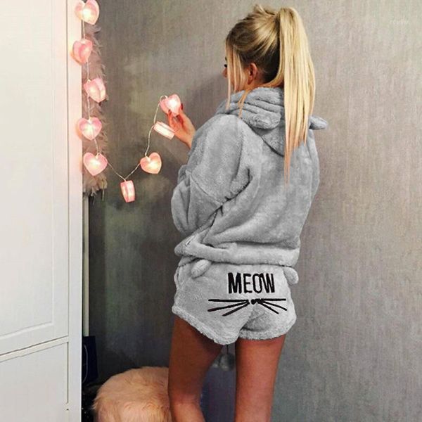 

ciysty women coral velvet suit two piece autumn winter pajamas warm sleepwear cute cat meow pattern hoodies shorts sets clothing1, Gray