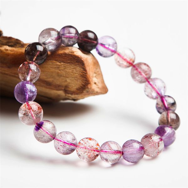 

9mm genuine brazilian purple hair rutilated quartz super seven 7 crystal melody stone charm stretch bracelets for women femme, Black