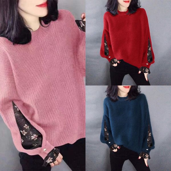 

new fashion round pulloversweater pullover neck loose and versatile style pullover in autumn and winter 2020 mesh european bottomed sweater, White;black