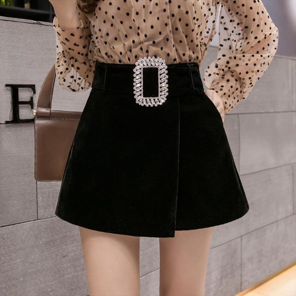 

black velvet shorts women diamond high waist a line wide leg femme shorts autumn winter lady elegant short pants shorts feminino, White;black