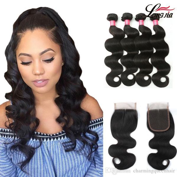 

grade 8a brazilian body wave virgin human hair 3 bundles with 4x4lace closure unprocessed brazilian body wave with lace closures human hair, Black