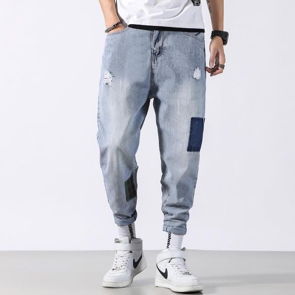 

men's jeans fashion streetwear men retro light blue loose fit patchwork harem taper pants korean style hip hop homme