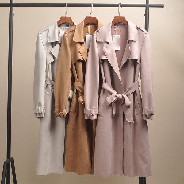 

korean outwear lady trench coats casual pure color suede coats women's long windbreaker female overcoat spring women1, Tan;black