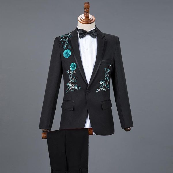

chinese style men business casual slim suit sets fashion sequin tuxedo singer host concert stage outfits wedding party dresses, White;black