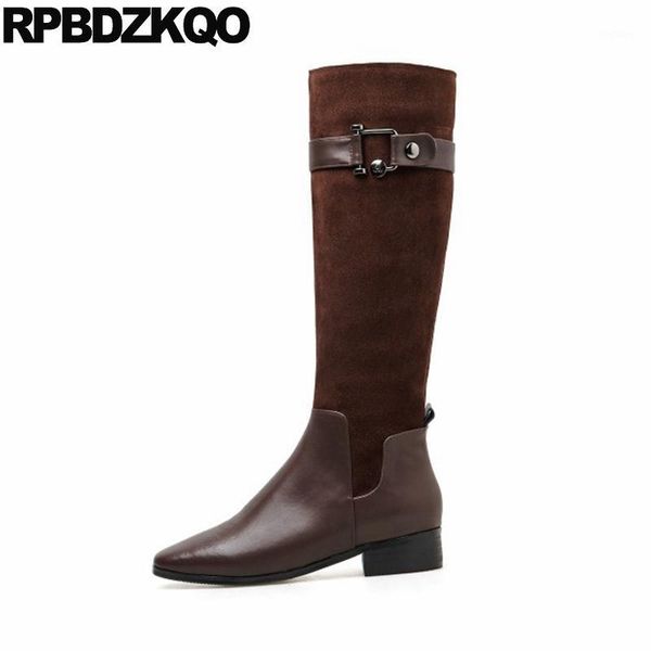 

winter women chunky shoes genuine leather long square toe 2020 tall low heel side zip boots suede designer knee high block brown1, Black