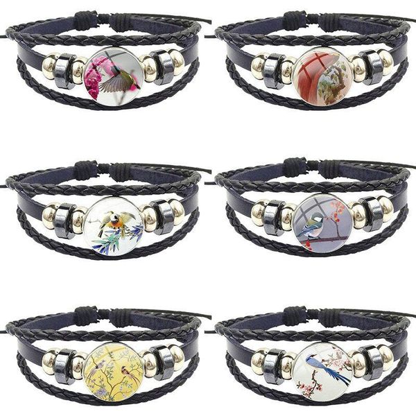 

for women handmade girls happy christmas jewelry with glass cabochon black leather bracelet bangle cute bird1, Golden;silver