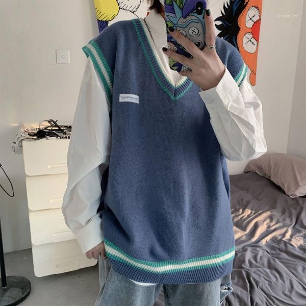 

men's sweaters men's sweater vest patchwork v-neck sleeveless knitted loose casual oversize harajuku all-match men clothing 20211, White;black