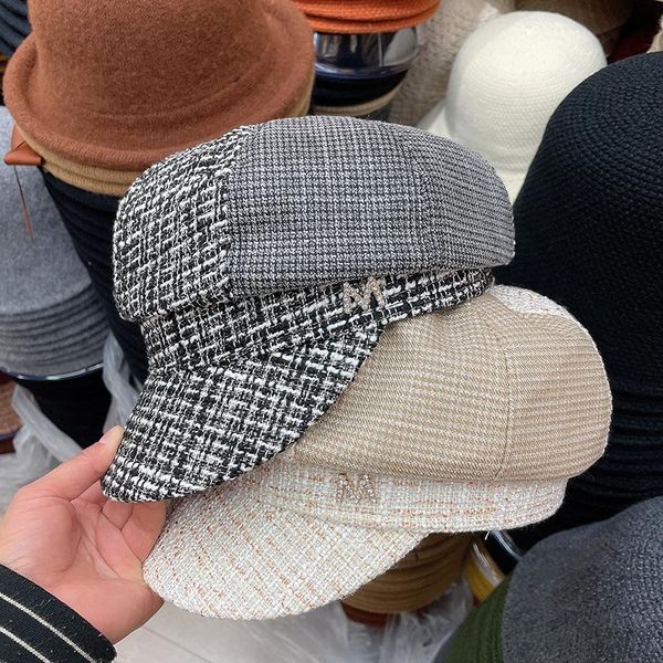 

202101-may-shi8370 autumn spring tweed fabric splicing leisure octagonal hat men women visors cap, Blue;gray