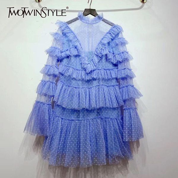 

сексуальная mesh бальные платья женский stand collar flare длинные рукава высокой талией оборки dot платье женщины мода 2020 tide, Black;gray