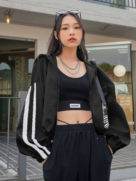 

dazy zip up contrast sleeve drawstring hooded sweatshirt p7zh#, White;black