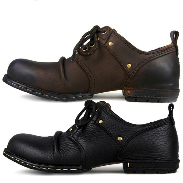 

2021 genuine handcrafted leather ankle boots fashion men's rivet flat lace-up basic boot shoes e3yr, Black