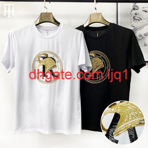 

mercerized cotton short sleeve t-shirt men's european goods 2021 men's eagle beak sequin embroidery slim fashion brand t-shirt, White;black