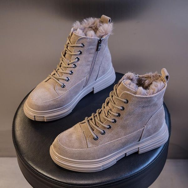 

sneakers women warm fashion ankle boots plush fur keep warm woman shoes lace up round toe shoes comrfortable women gb6, Black