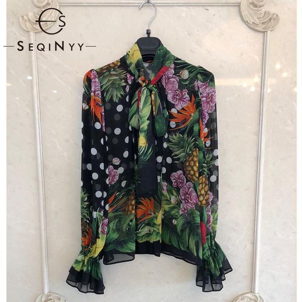 

seqinyy silk chiffon 2020 summer spring new fashion design women long sleeve pineapple leaf dot print black blouse1, White