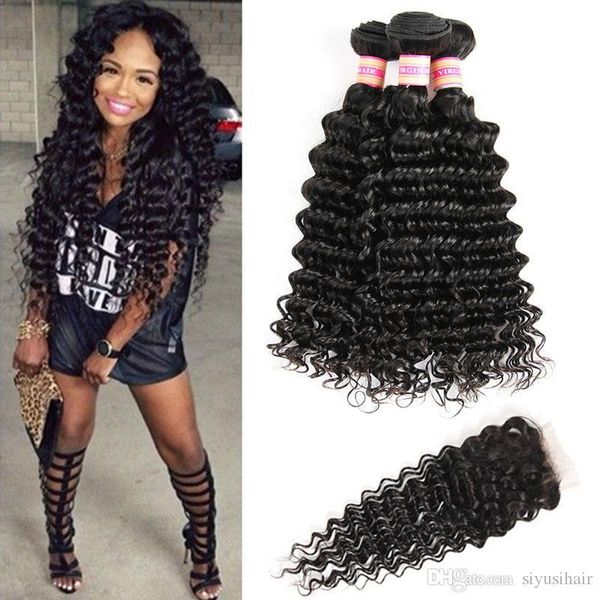 

deep wave human hair indian malaysian peruvian mongolian brazilian virgin hair bundles with closures kinky curly weave bundles with closure, Black