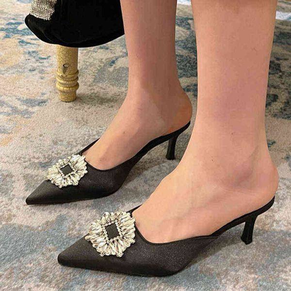 

slippers women rhinestone sun flower ladies pointed toe stiletto sandals female baotou high heeled mules summer new 220304, Black