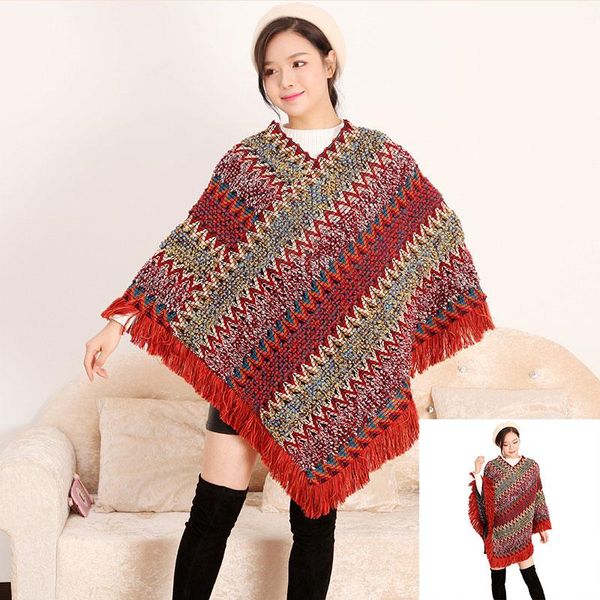 

scarves female loose sweater scarf fashion knitted tassel poncho diagonal striped v neck pullover multicolor outer cloak coat cardigan, Blue;gray