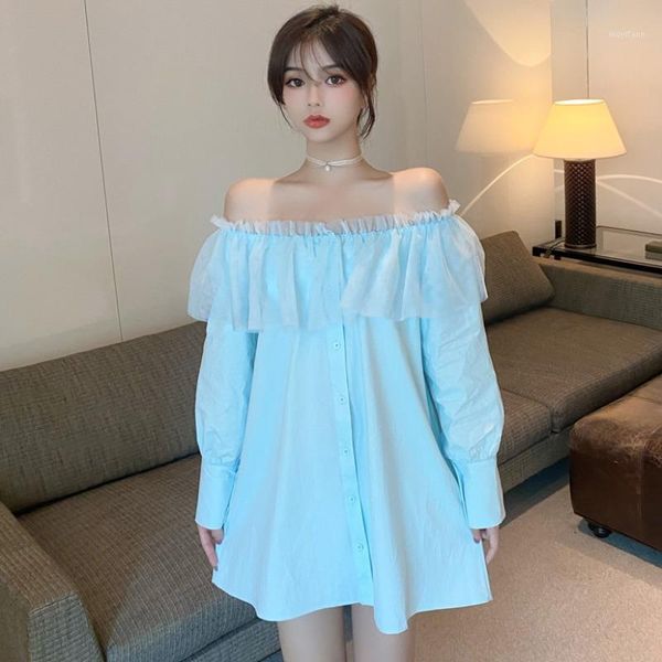 

long shirts blusas mujer de moda chemisiers et blouses spring fall off shoulder ruffles mesh women's clothing fashion brand 1, White