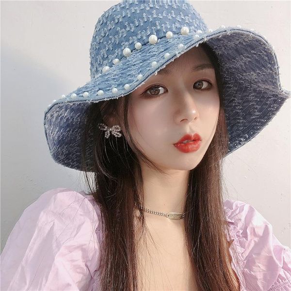 

Handmade pearl cowboy fisherman hat ladies summer Korean version Japanese sweet wild big brim visor hat tide, Blue;gray
