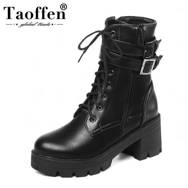 

boots taoffen black leather women ankle fashion platform shoes botas outdoor winter buckle female footwear size 33-431