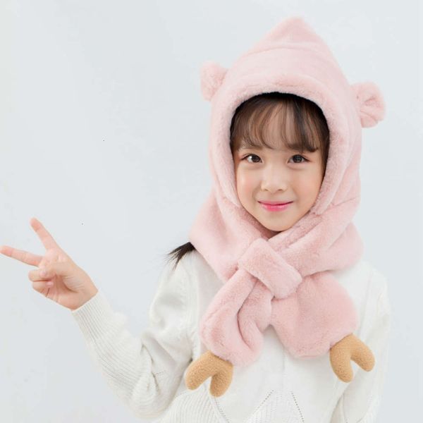 

cap autumn and winter girl's ear scarf integrated plush hat warm collar middle school children's lovely lei feng, Red;brown