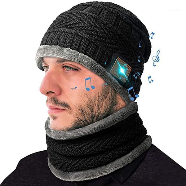 

cycling caps & masks winter music hats warm beanie cap scarf set plus velvet warmer built in microphone hands calls for outdoor sports1, Black