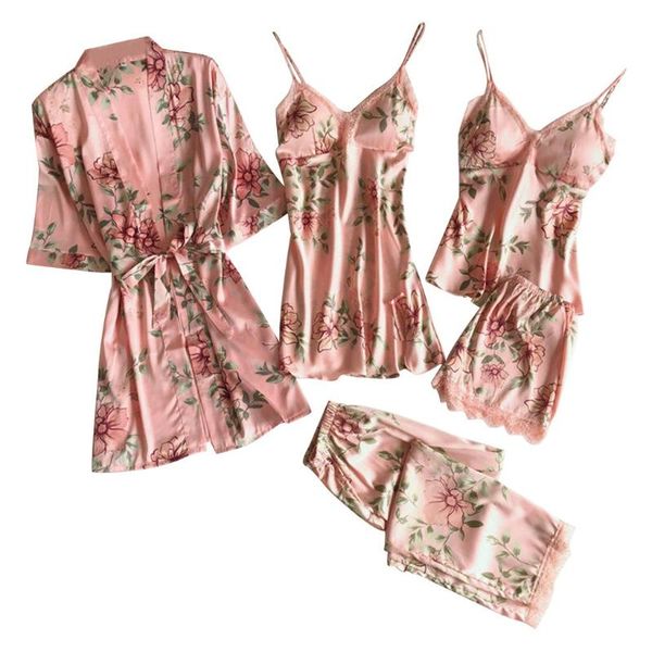 

women's sleepwear print womne pajamas 5pc lace satin robe bathrobe trousers shorts lingerie set femme pigiama donna, Black;red