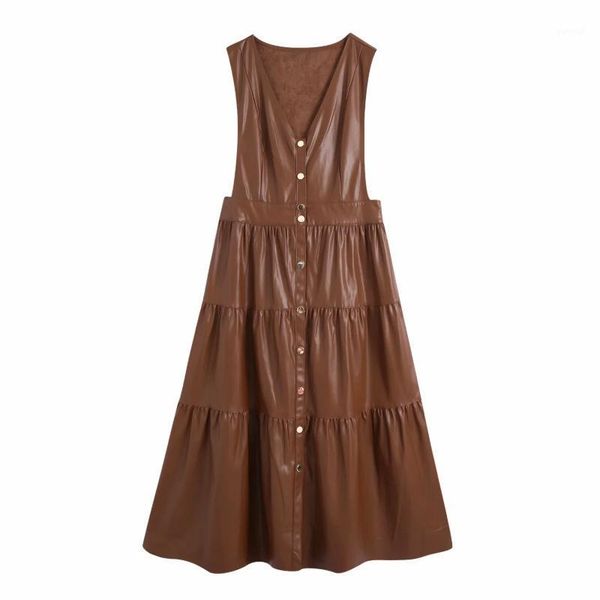 

women v neck single breasted pu leather sleeveless midi dress female clothes casual lady loose vestido d66851, Black;gray