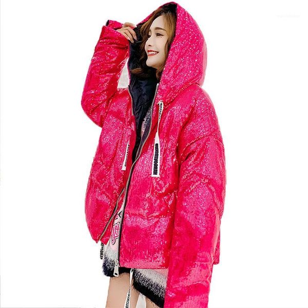 

2018 winter coat women cotton jacket fashion pink sequins hooded parka womens warm jackets europe streetwear students outwear 551, Black