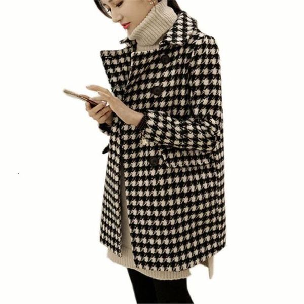 

2021 new female wool medium section suit double-breasted plaid collar blend warm autumn jacket a55 f30j, Black