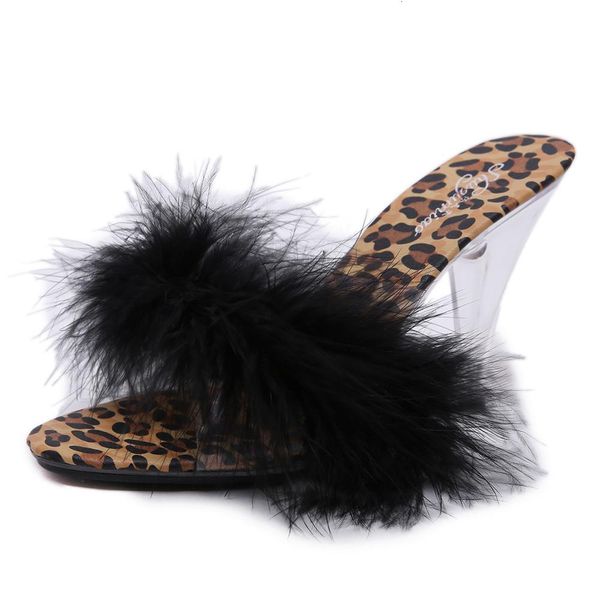 

2021 new summer's hairy skin slippers from the female transparent crystal ten in high heels night leopard club print bombs r03s, Black