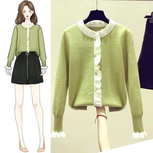 

autumn / winter 2021 women's cardigan sweater long sleeve lotus leaf loose cardigan soft and warm women's sweater coat1, White