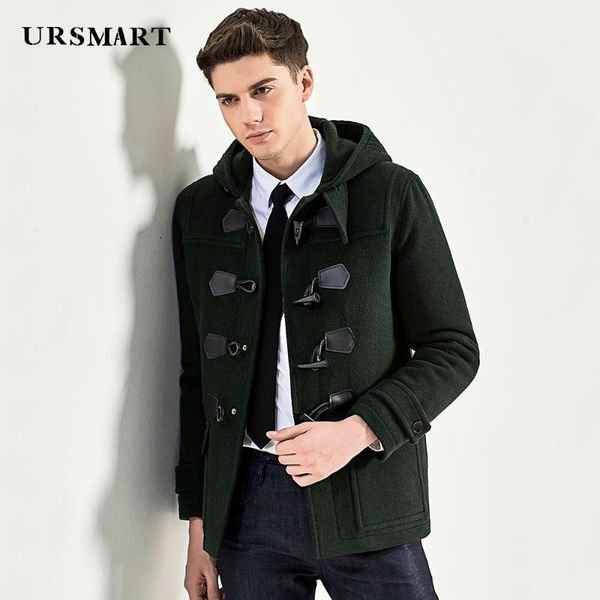 

ursmart authentic ox horn buckle hat coat men's fashion casual wool men's coat dark green fashion1, Black