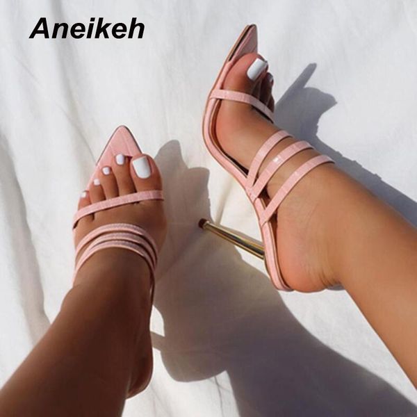

slippers aneikeh 2021 summer women's shoes fashion classics sweet narrow band solid stiletto heels zapatos de mujer 35-41, Black