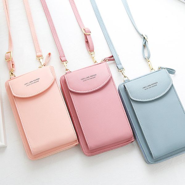 

new women purses solid color leather shoulder strap bag mobile phone big card holders wallet handbag pockets for girls c0125