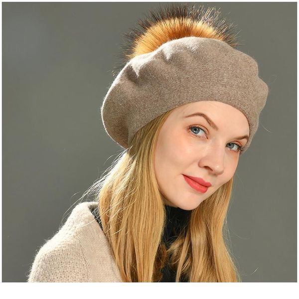 

women berets hat winter female casual knitted wool berets with natural raccoon fur pom pom spring ladies solid color be qyllgv