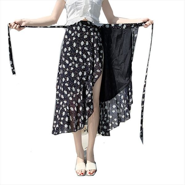 

плюс размер m 8xl лета женщин hight талией цветочная печатный maxi юбка богемия пляж юбка корейский асимметричный шифон юбки, Black