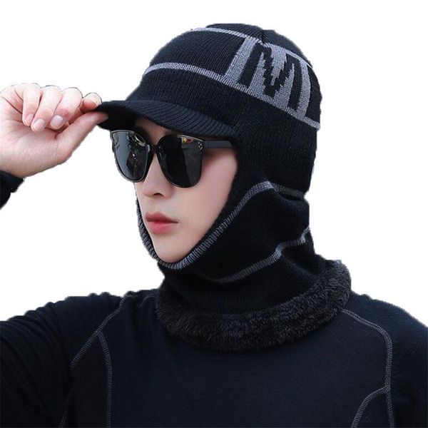 

hats, scarves & gloves sets 2021 winter warm hat scarf for men women knitted hooded with brim male neck warmer letter cap ring wear, Blue;gray