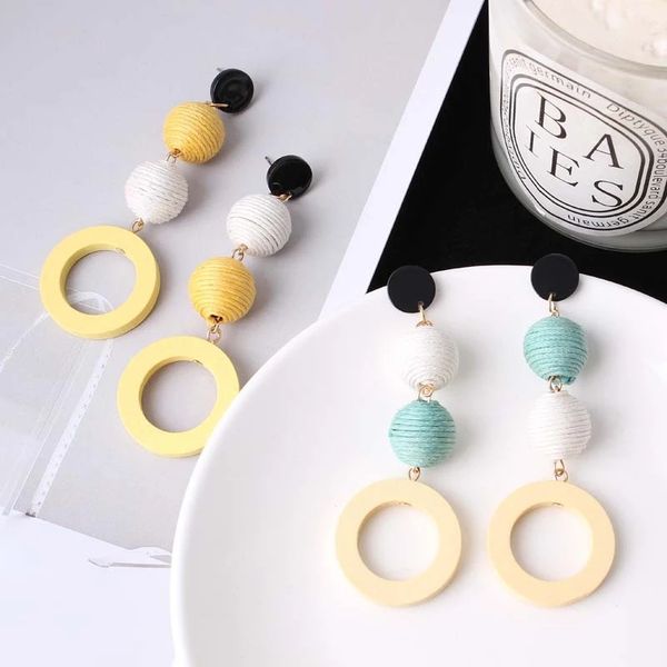 

retro temperament linen rope mix-color cotton ball wood circle long drop earrings for women e1991, Golden