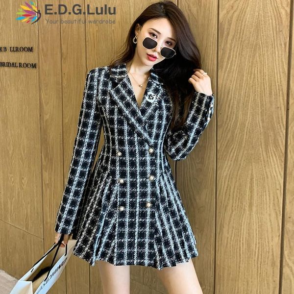 

women's wool & blends edglulu winter jacket women 2021 office lady plaid double breasted tweed blazer coat long sleeve ladies outerwear, Black