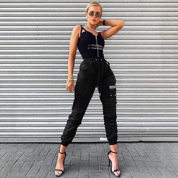 

black white casual joggers women elastic high waist harem pants capri letter printed harajuku sweatpants with chain