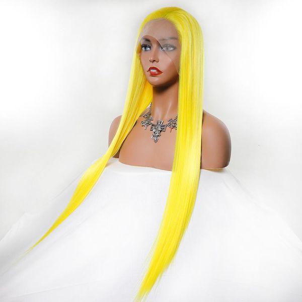 

paff 26 inch long light yellow synthetic lace front wig silky straight cosply heat resistant fiber wig for women with baby hair, Black;brown