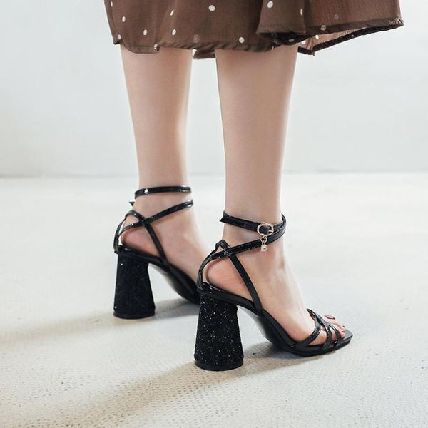 

women's sandals summer fashion in korean edition open toe buckle thick high heel sandals girl square heel1, Black