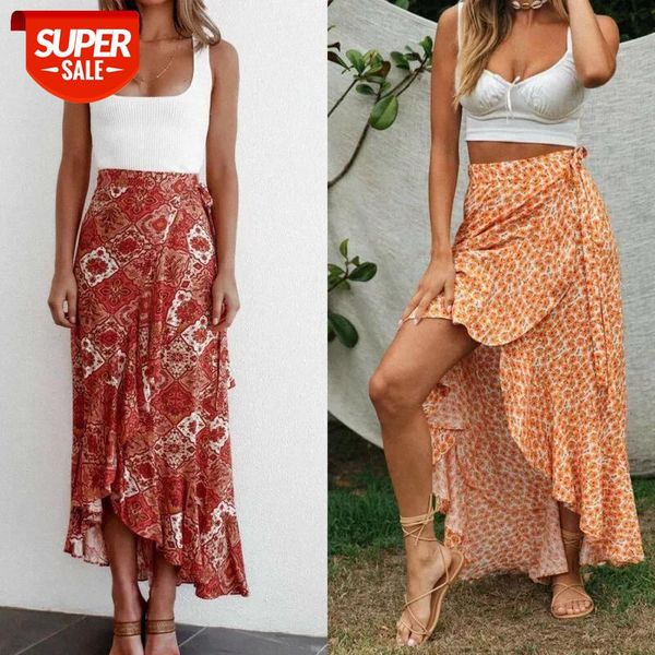 

2020 summer boho long maix skirts women's ruffle bandage high waist split skirt beach wrap sun skirts dropshipping #ya4s, White;black