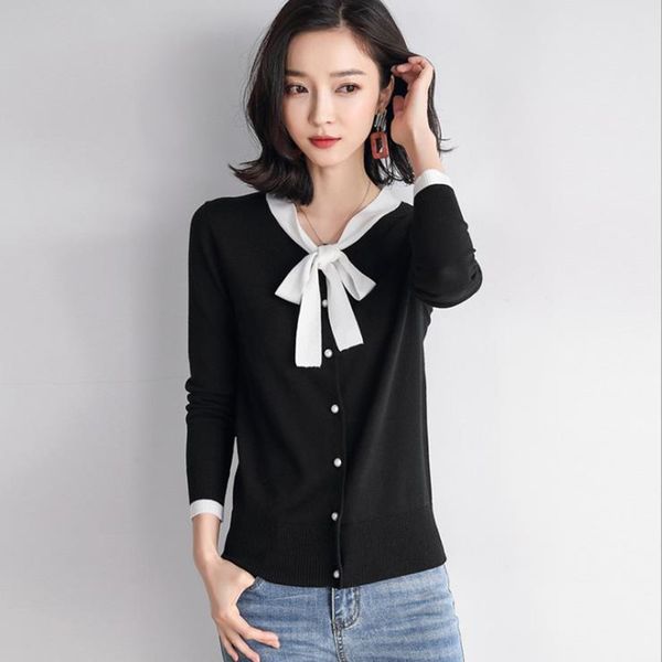 

spring 2021 new around simple neck long sleeve cardigan tie louz, White;black