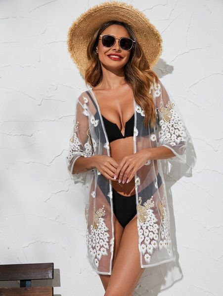 

embroidery sheer mesh kimono t1ha#, White;black