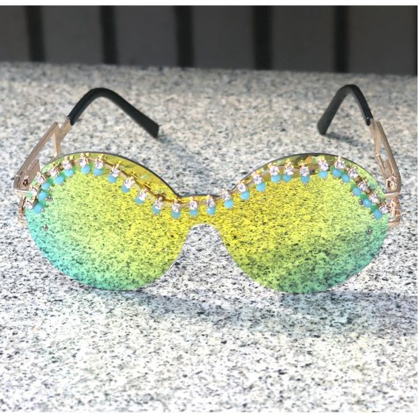 

luxury diamond metal shades glasses female unique brand design bling bling sun glasses green lens fashion style sunglasses nx, White;black
